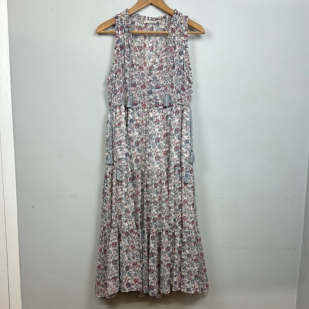 Ulla Johnson Floral Tiered Midi Dress in White, Pink, Blue